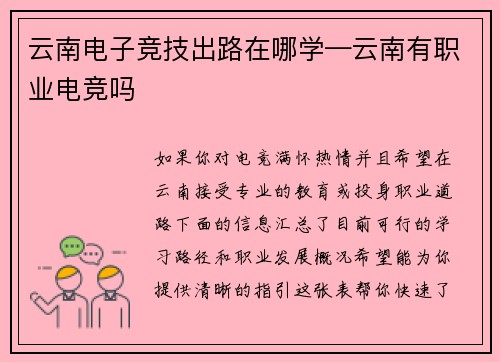 云南电子竞技出路在哪学—云南有职业电竞吗